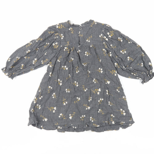 Zara Girls Grey Floral Cotton A-Line Size 2-3 Years Round Neck Button