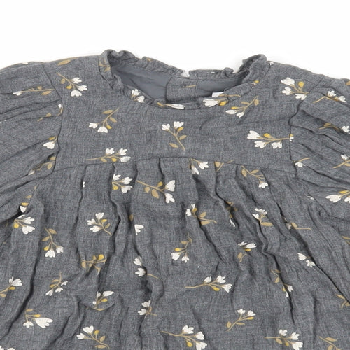 Zara Girls Grey Floral Cotton A-Line Size 2-3 Years Round Neck Button