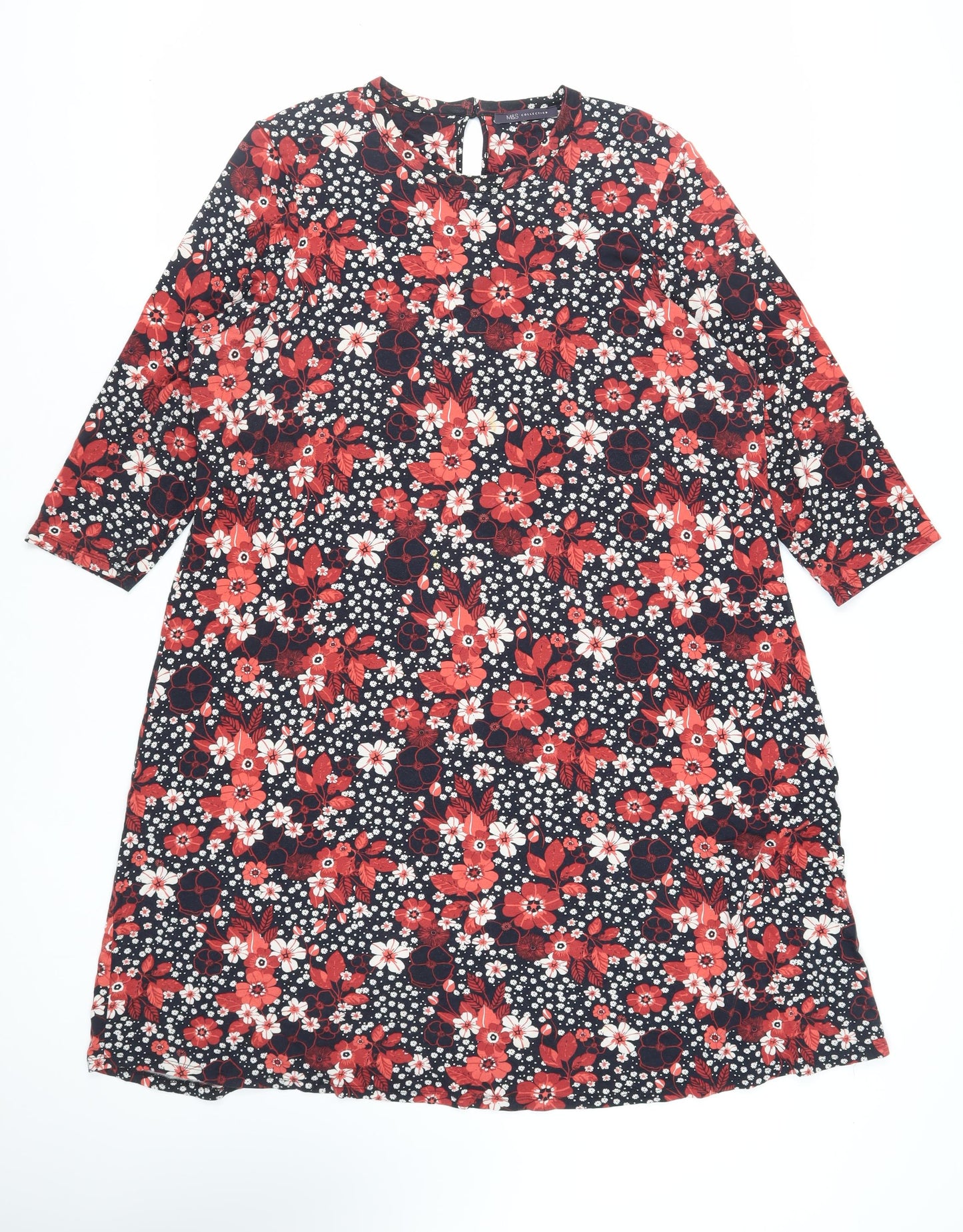 Marks and Spencer Womens Blue Floral Viscose A-Line Size 20 Round Neck Button