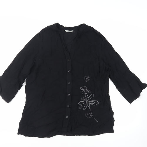 Marks and Spencer Womens Black Viscose Basic Button-Up Size XL V-Neck - Embroidered Detail