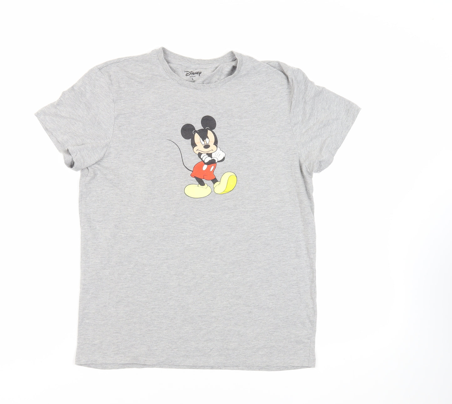 Disney Womens Grey Cotton Basic T-Shirt Size L Crew Neck - Mickey Mouse
