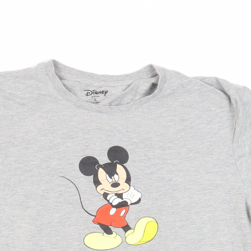 Disney Womens Grey Cotton Basic T-Shirt Size L Crew Neck - Mickey Mouse