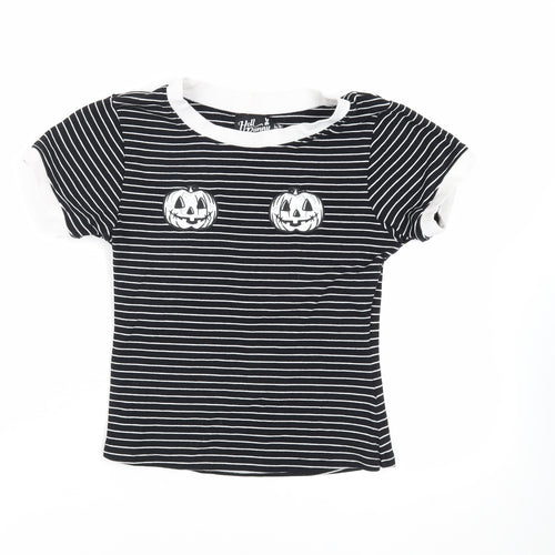 Hell Bunny Womens Black Striped Cotton Basic T-Shirt Size XS Crew Neck - Pumpkins