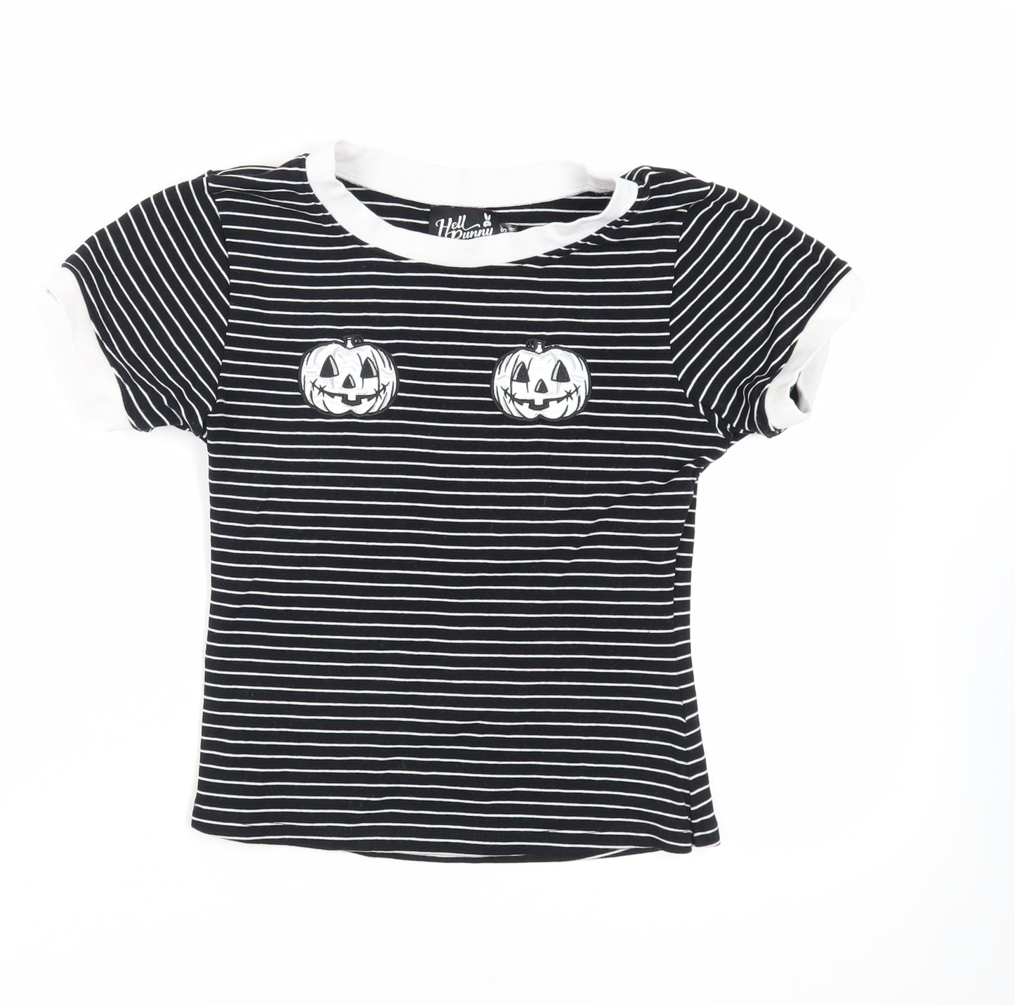 Hell Bunny Womens Black Striped Cotton Basic T-Shirt Size XS Crew Neck - Pumpkins