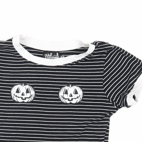 Hell Bunny Womens Black Striped Cotton Basic T-Shirt Size XS Crew Neck - Pumpkins