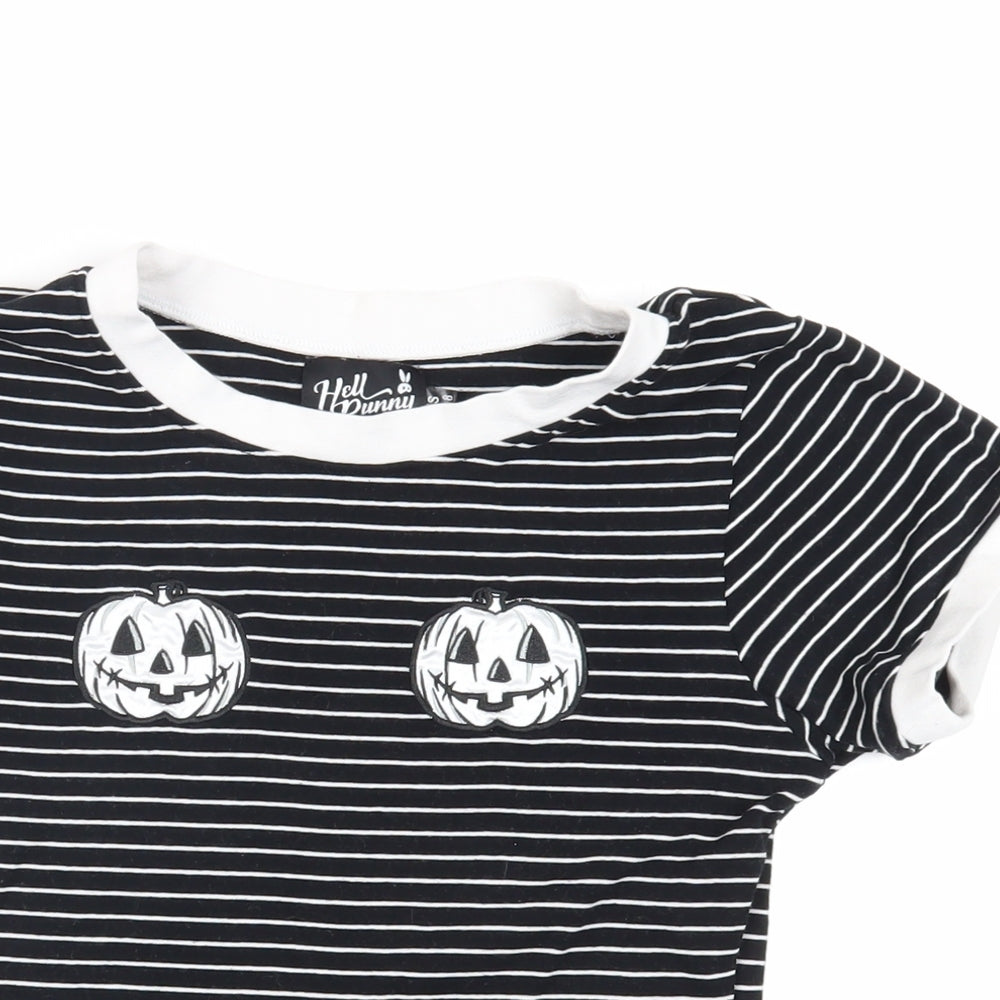 Hell Bunny Womens Black Striped Cotton Basic T-Shirt Size XS Crew Neck - Pumpkins