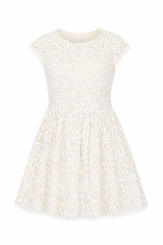 Front view of H&M women’s beige floral cotton skater dress, size UK 8, round neck zip
