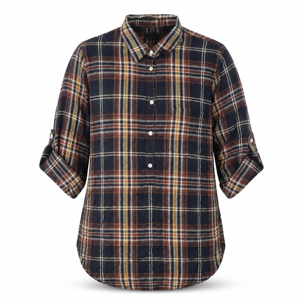 Front view of Gap women’s blue plaid cotton basic t-shirt, size XS, collared