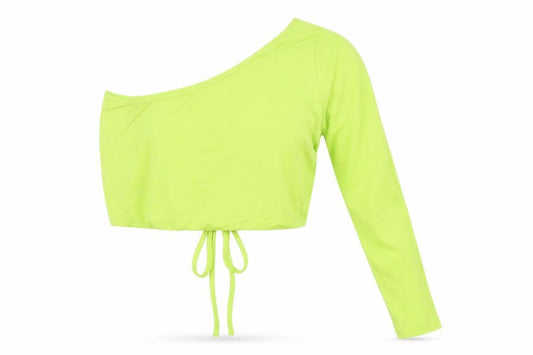 Front view of ASOS women’s green cotton cropped t-shirt, size UK 12, one shoulder