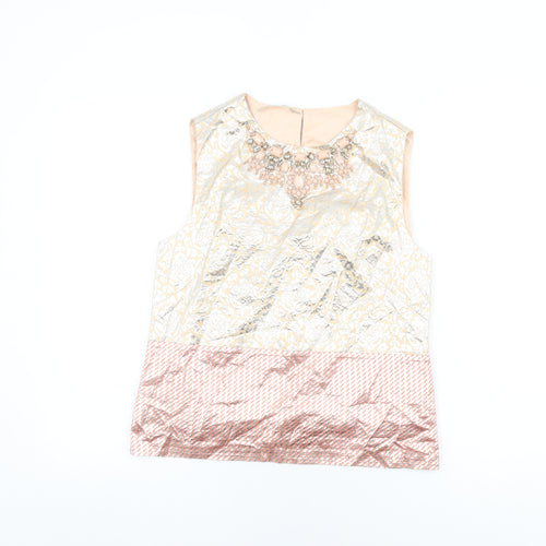 Stefanel Womens Beige Geometric Polyester Basic T-Shirt Size XS Round Neck - Jewel Detail on Neckline
