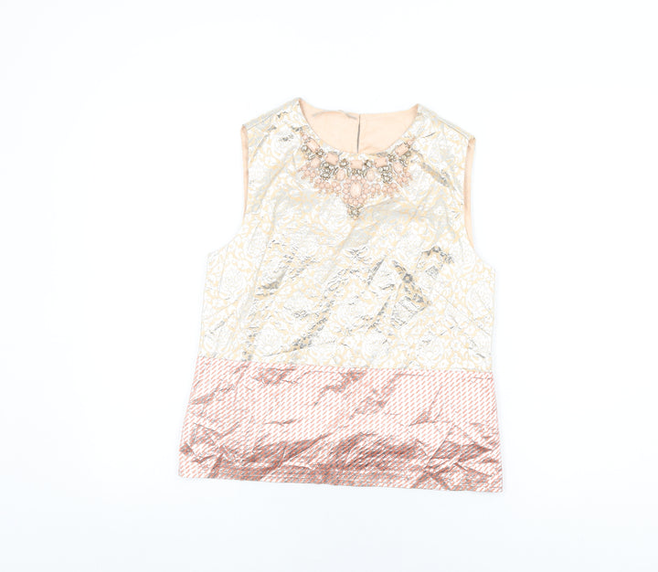 Stefanel Womens Beige Geometric Polyester Basic T-Shirt Size XS Round Neck - Jewel Detail on Neckline