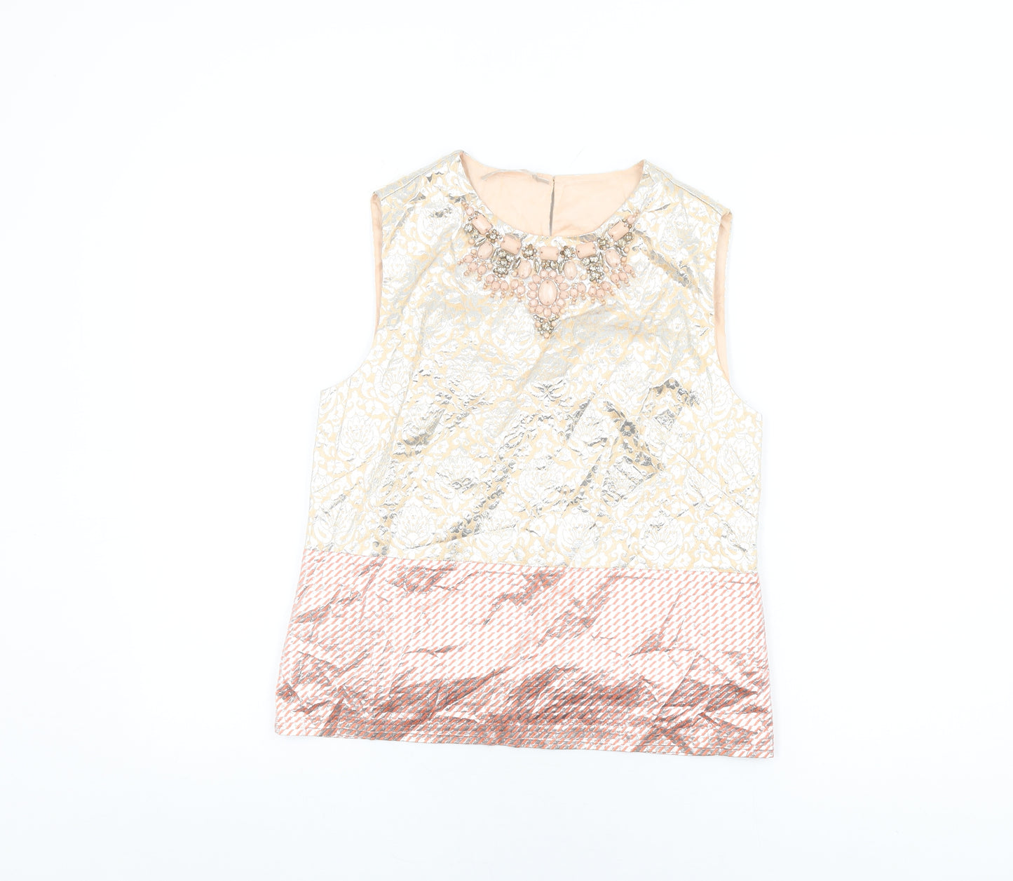 Stefanel Womens Beige Geometric Polyester Basic T-Shirt Size XS Round Neck - Jewel Detail on Neckline