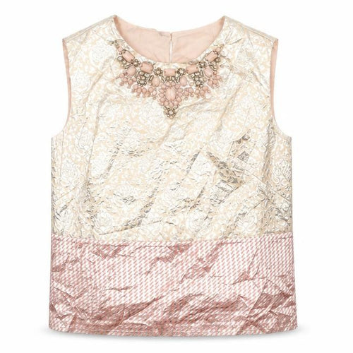 Stefanel Womens Beige Geometric Polyester Basic T-Shirt Size XS Round Neck - Jewel Detail on Neckline