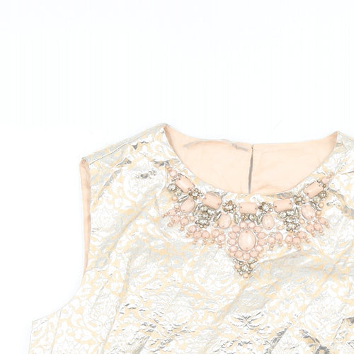 Stefanel Womens Beige Geometric Polyester Basic T-Shirt Size XS Round Neck - Jewel Detail on Neckline