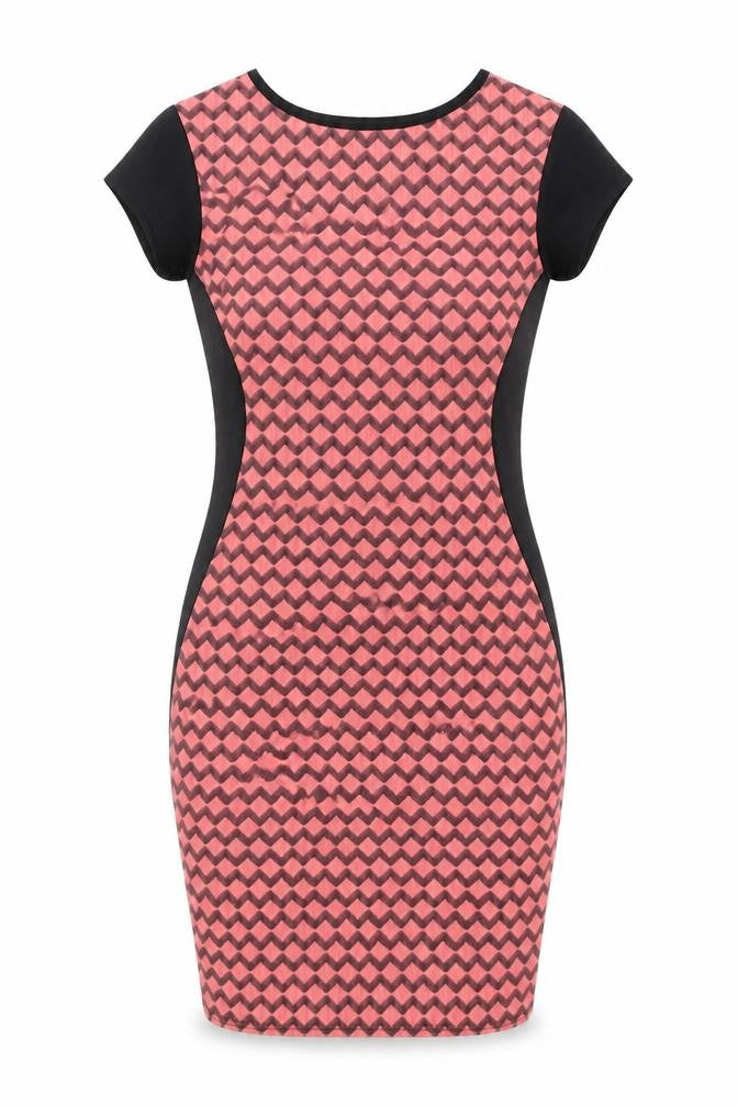 Front view of Quiz women’s pink geometric polyester bodycon, size UK 8, round neck pullover