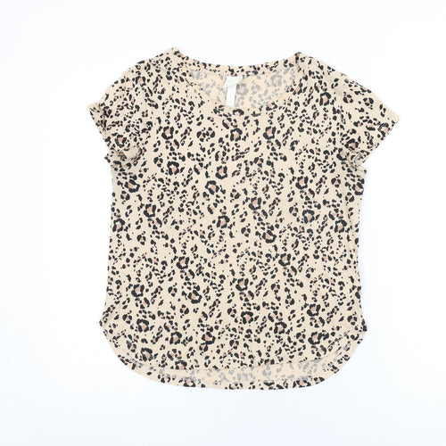 H&M Womens Beige Animal Print Cotton Basic T-Shirt Size XS Round Neck - Leopard Print