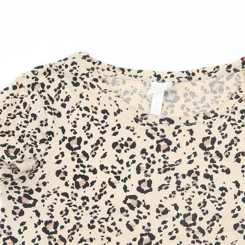 H&M Womens Beige Animal Print Cotton Basic T-Shirt Size XS Round Neck - Leopard Print