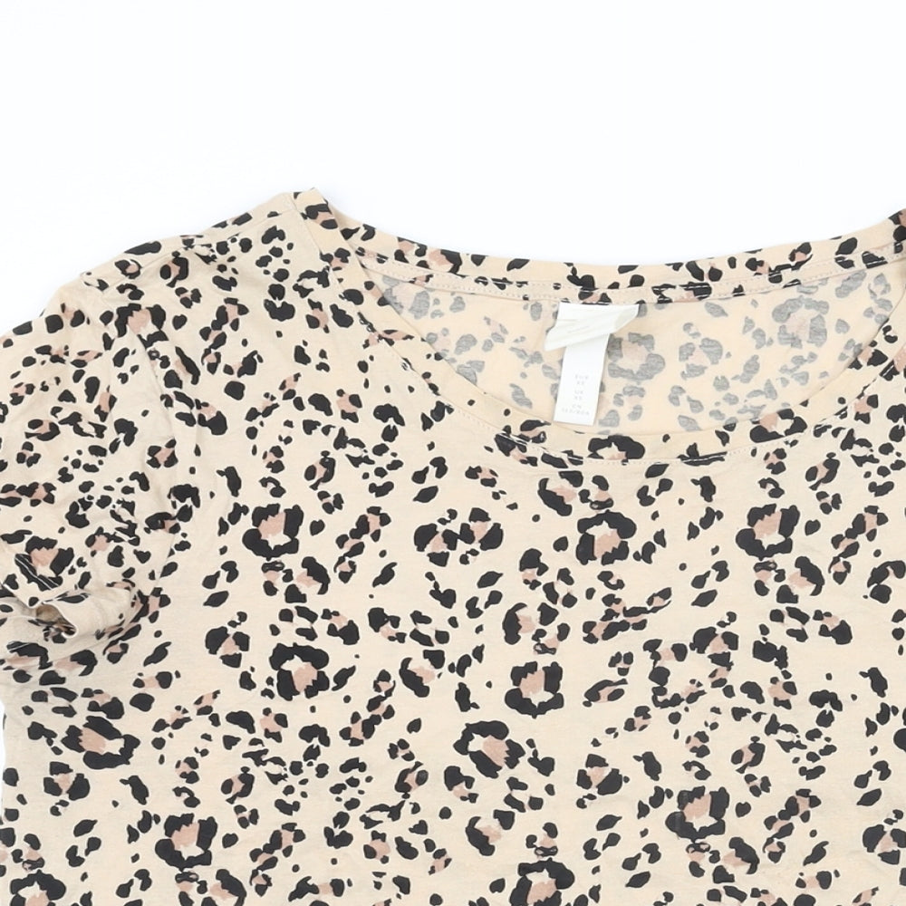 H&M Womens Beige Animal Print Cotton Basic T-Shirt Size XS Round Neck - Leopard Print