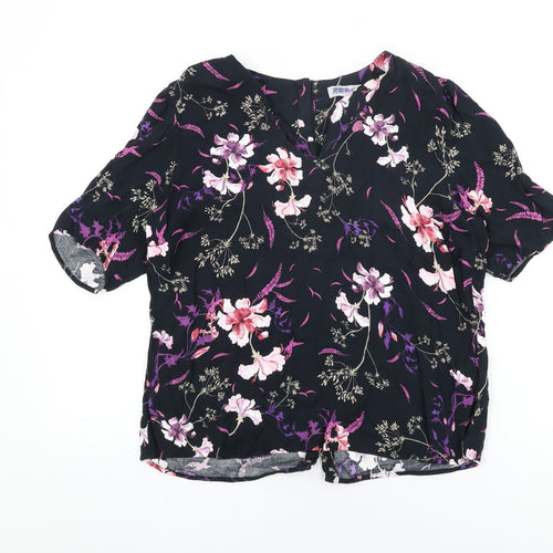 Per Una Womens Black Floral Viscose Basic T-Shirt Size 14 V-Neck