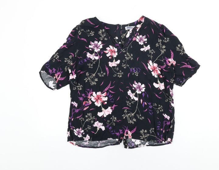 Per Una Womens Black Floral Viscose Basic T-Shirt Size 14 V-Neck