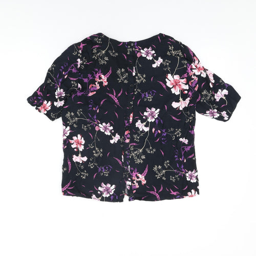 Per Una Womens Black Floral Viscose Basic T-Shirt Size 14 V-Neck
