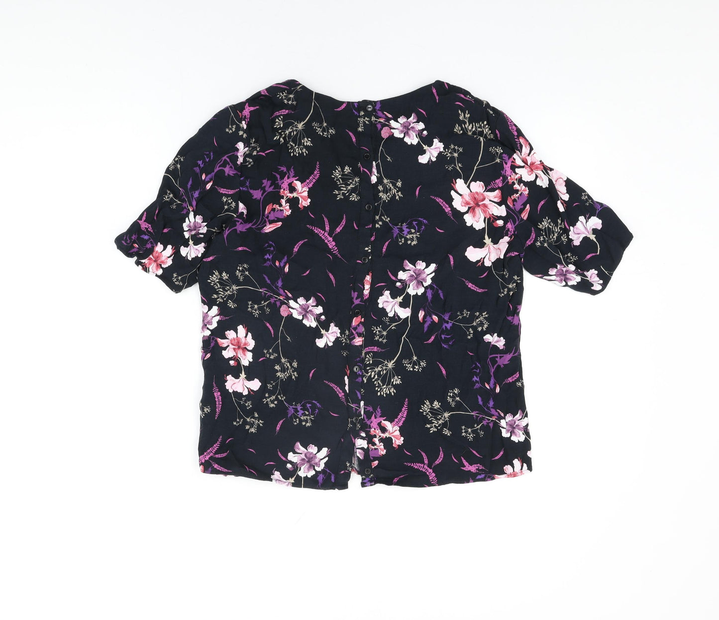 Per Una Womens Black Floral Viscose Basic T-Shirt Size 14 V-Neck