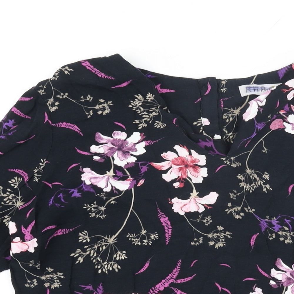 Per Una Womens Black Floral Viscose Basic T-Shirt Size 14 V-Neck