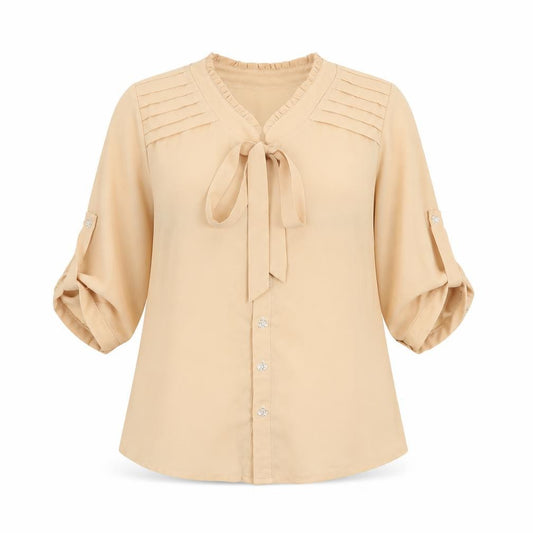 Front view of CMN women’s beige polyester basic button-up, size M, round neck