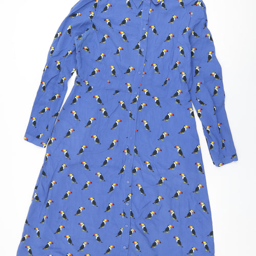 Sugarhill Womens Blue Geometric Viscose A-Line Size 14 Collared Button - Bird Print