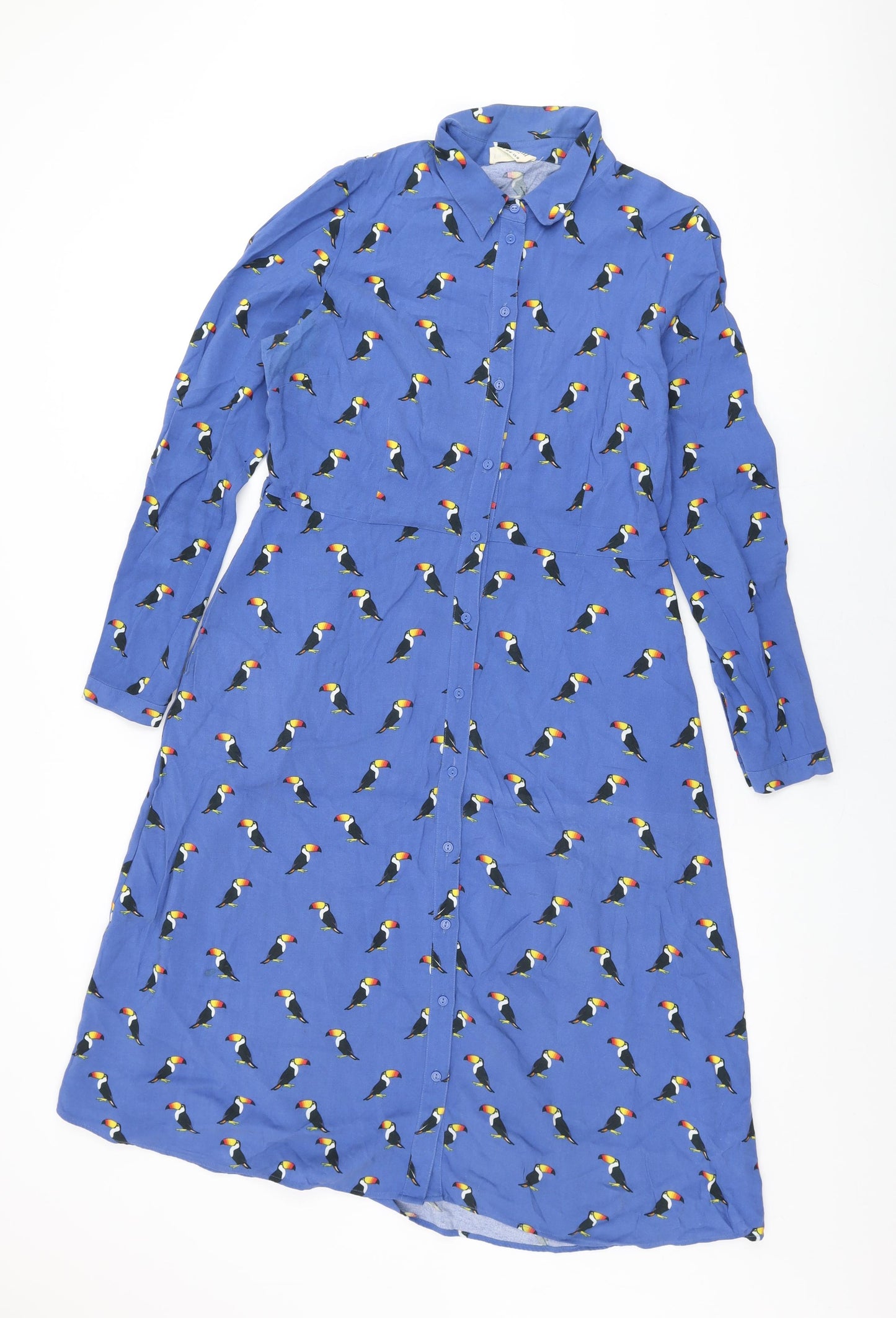 Sugarhill Womens Blue Geometric Viscose A-Line Size 14 Collared Button - Bird Print