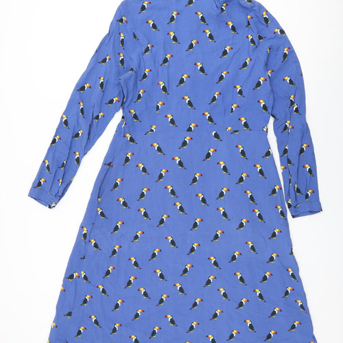 Sugarhill Womens Blue Geometric Viscose A-Line Size 14 Collared Button - Bird Print