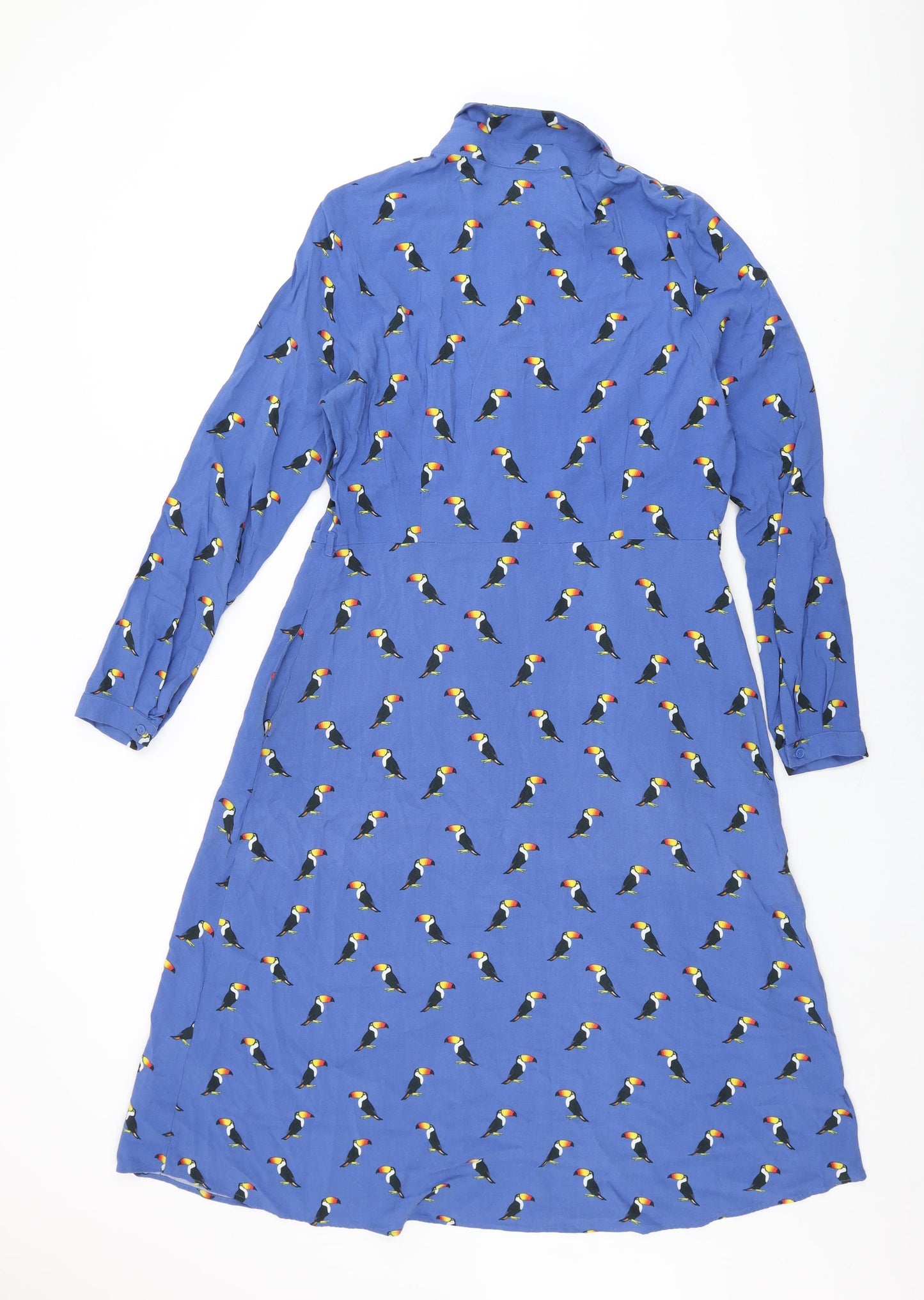 Sugarhill Womens Blue Geometric Viscose A-Line Size 14 Collared Button - Bird Print