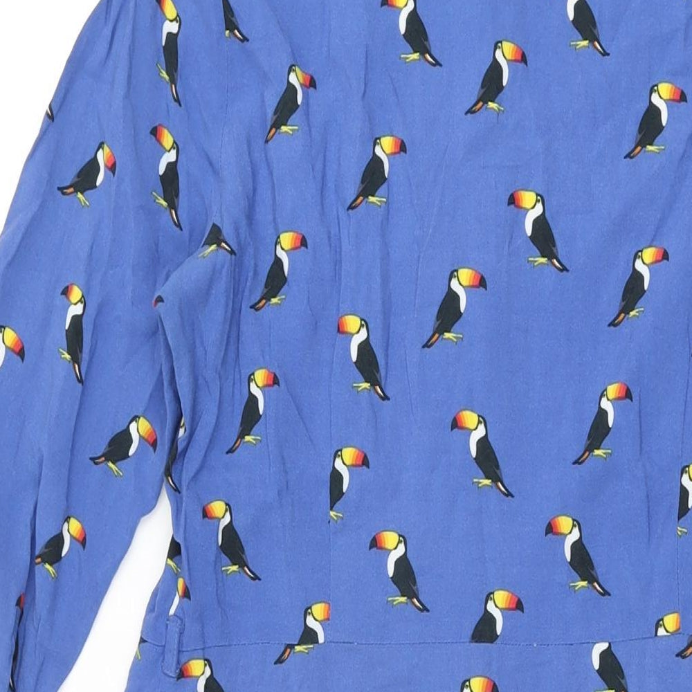 Sugarhill Womens Blue Geometric Viscose A-Line Size 14 Collared Button - Bird Print