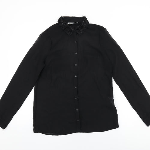 Stradivarius Womens Black Polyester Basic Button-Up Size M Collared - Beaded Collar