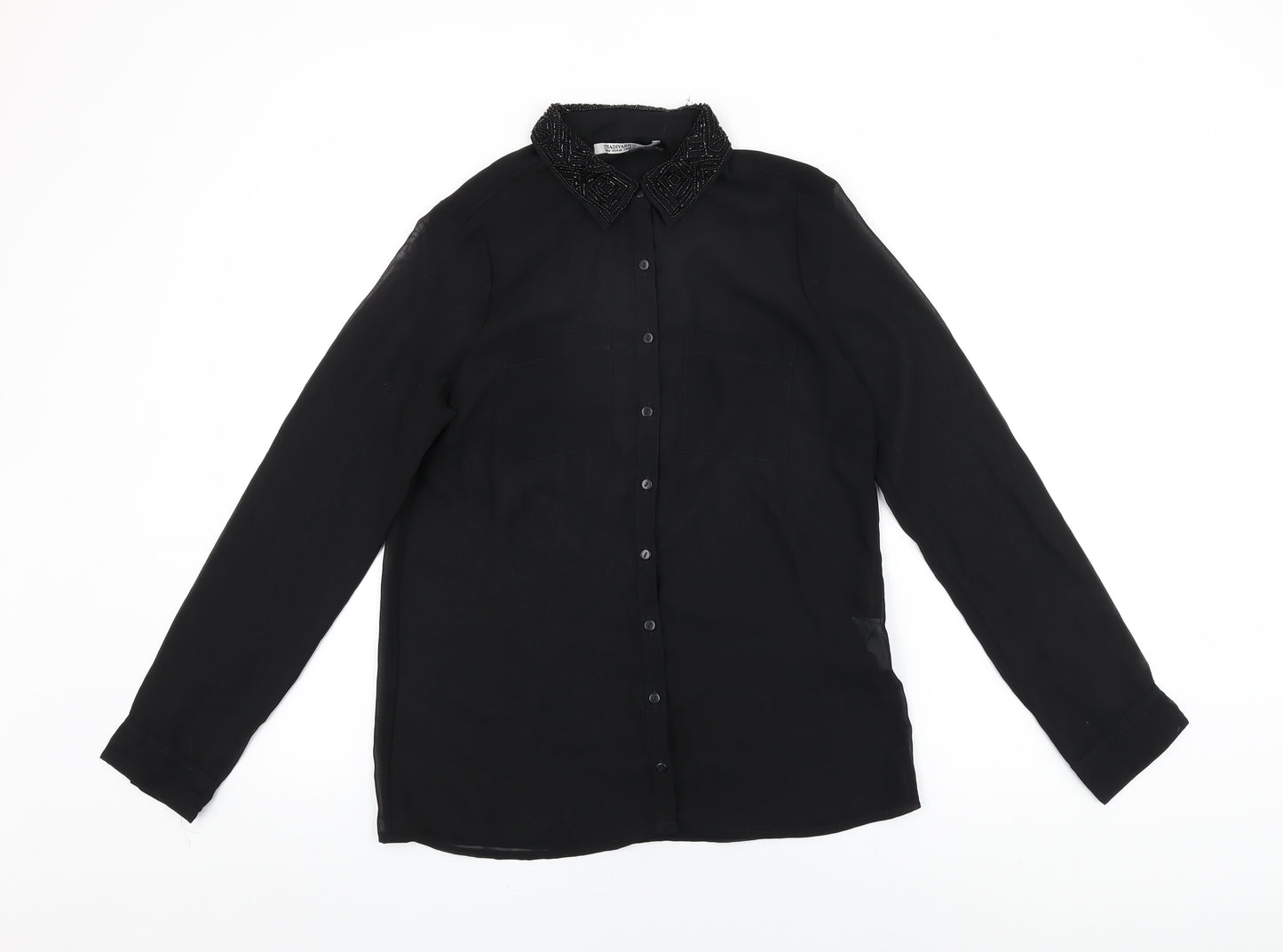 Stradivarius Womens Black Polyester Basic Button-Up Size M Collared - Beaded Collar