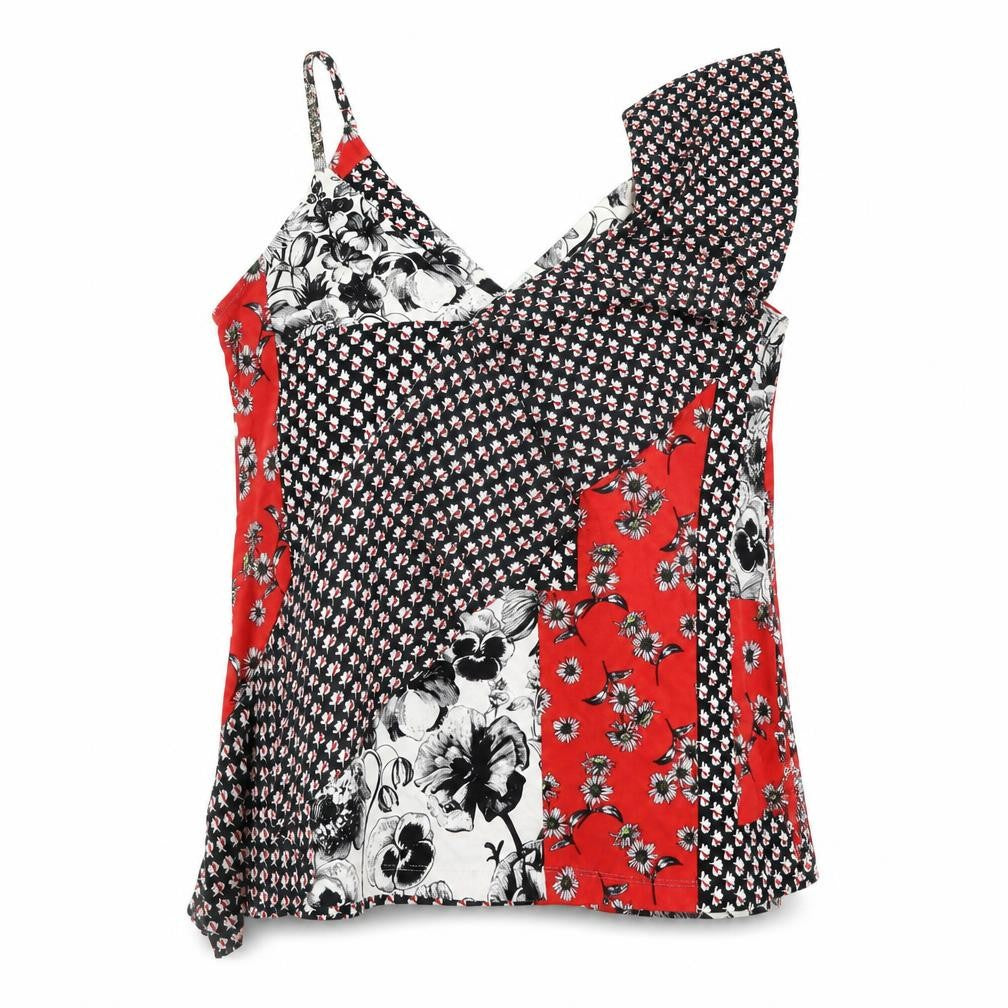Front view of Next women’s red floral viscose basic t-shirt, size UK 14, v-neck