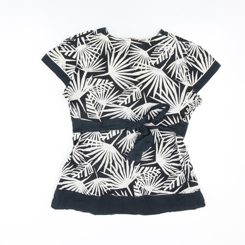 Petite Womens Blue Geometric Cotton Basic T-Shirt Size 16 V-Neck