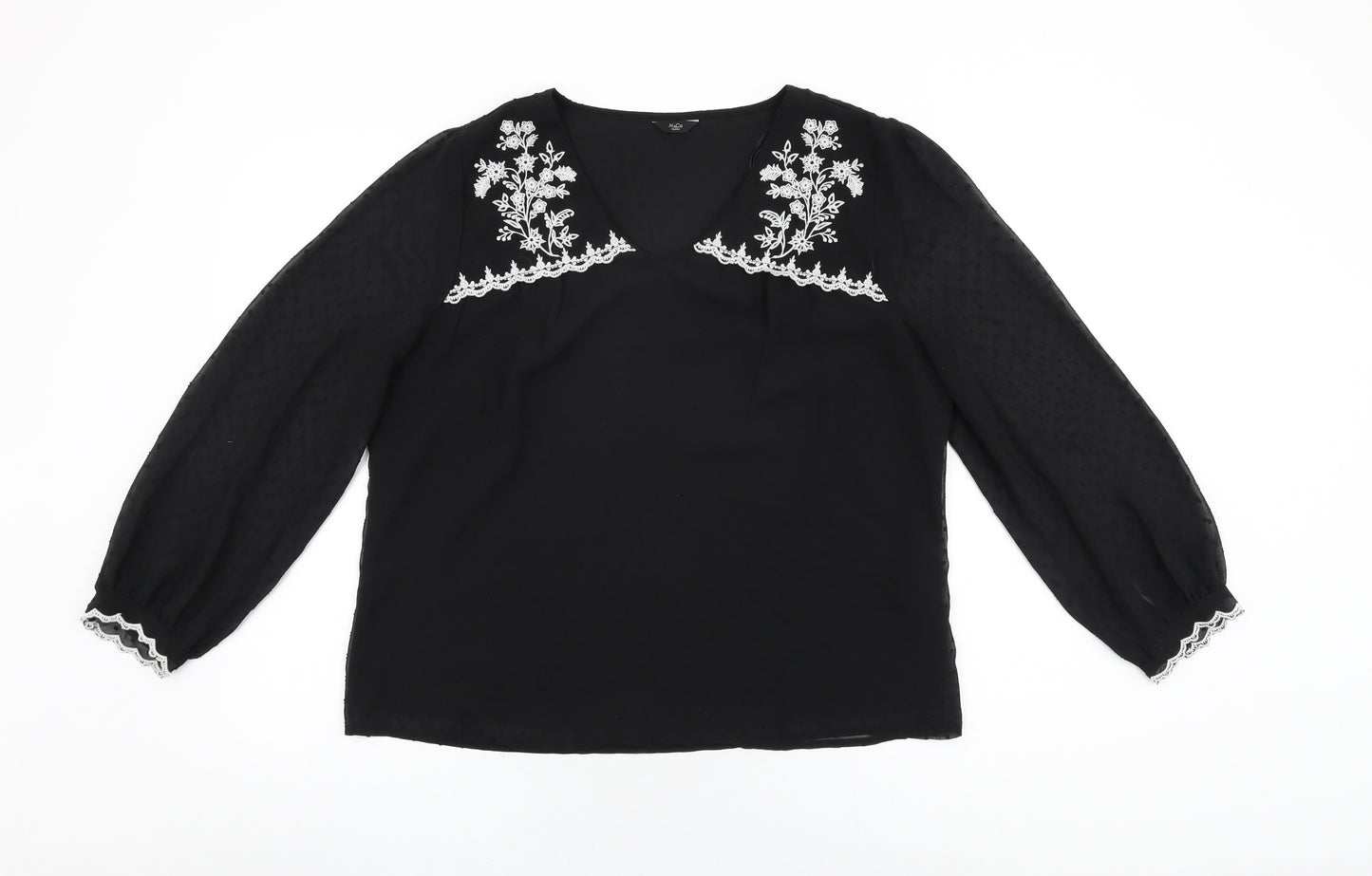 M&Co Womens Black Floral Polyester Basic Blouse Size 16 V-Neck