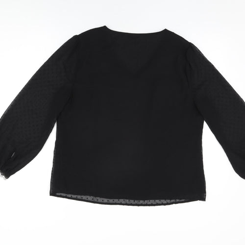 M&Co Womens Black Floral Polyester Basic Blouse Size 16 V-Neck