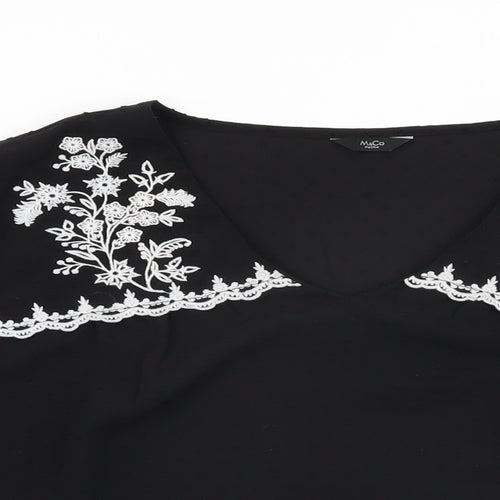 M&Co Womens Black Floral Polyester Basic Blouse Size 16 V-Neck