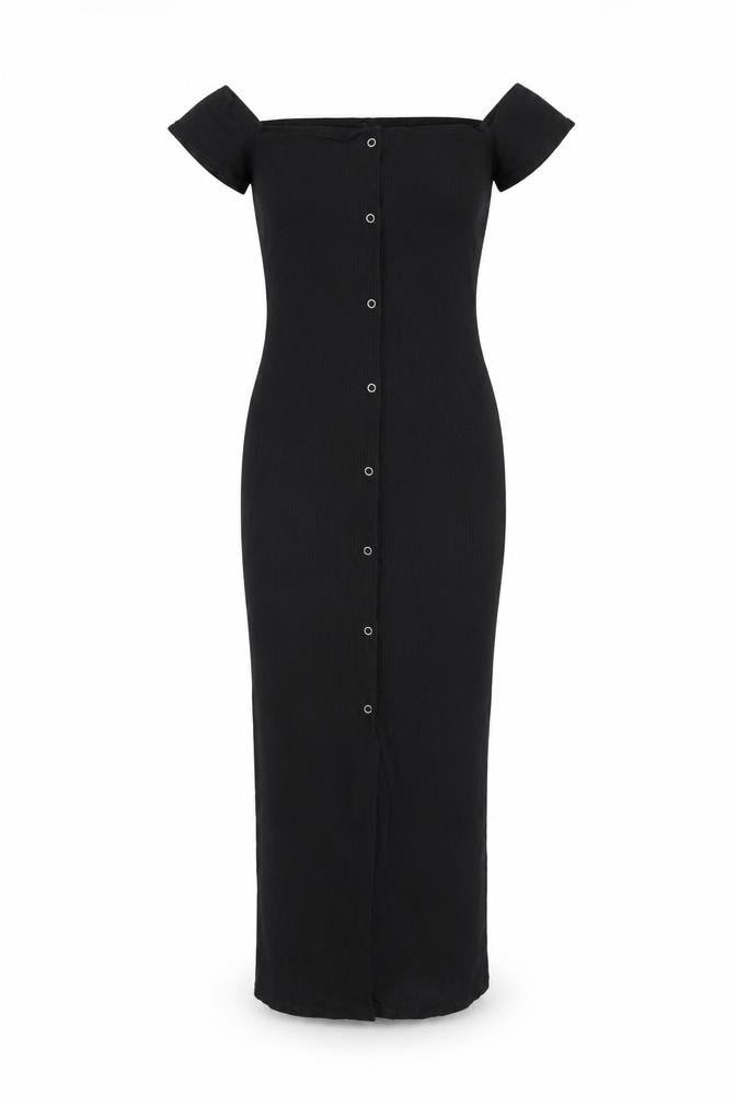 Front view of ASOS women’s black polyester bodycon, size UK 8, off the shoulder snap