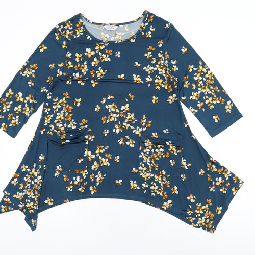 Classic Womens Blue Floral Polyester Basic T-Shirt Size 14 Round Neck