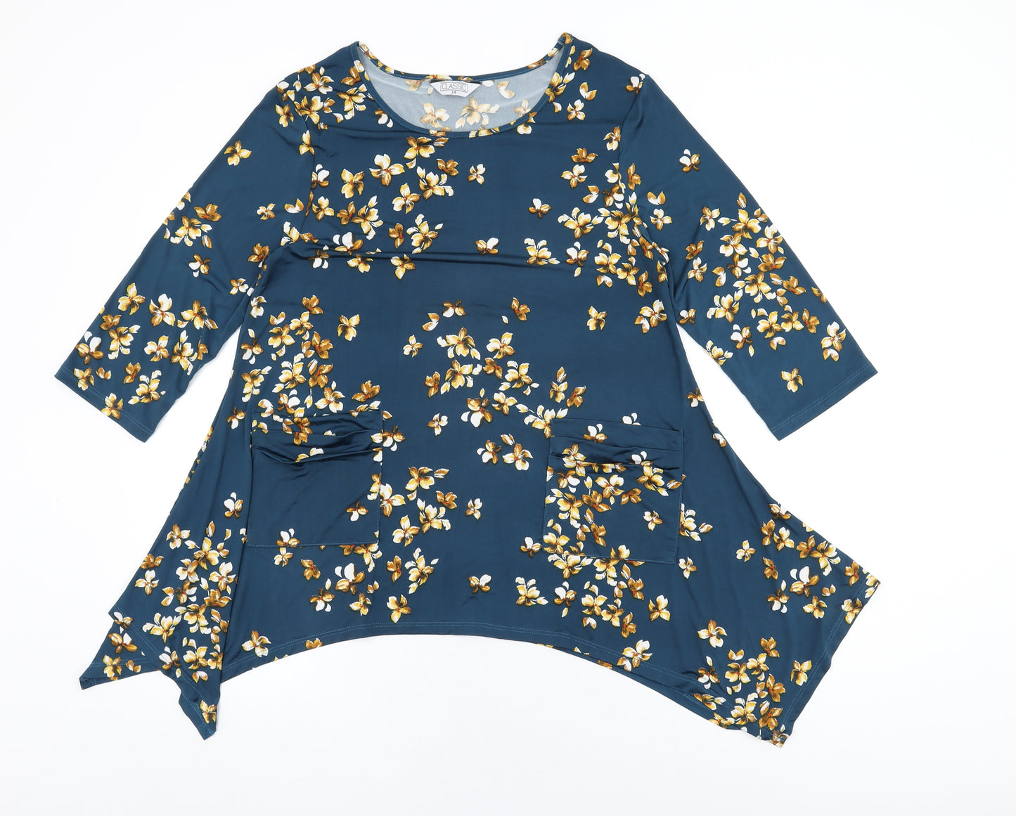 Classic Womens Blue Floral Polyester Basic T-Shirt Size 14 Round Neck
