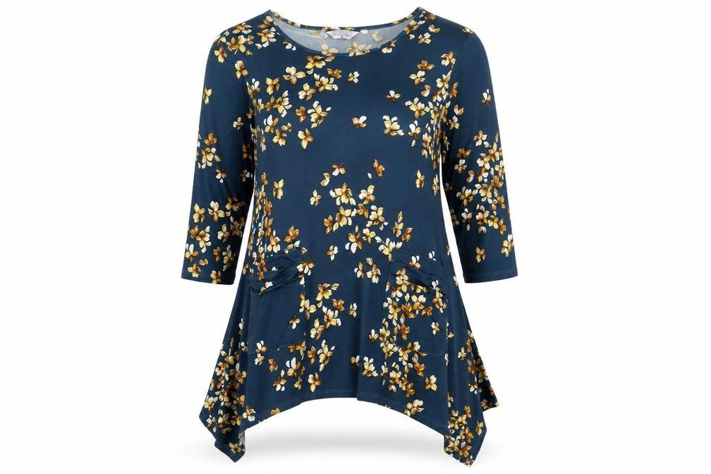 Front view of Classics women’s blue floral polyester basic t-shirt, size UK 14, round neck