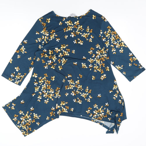 Classic Womens Blue Floral Polyester Basic T-Shirt Size 14 Round Neck