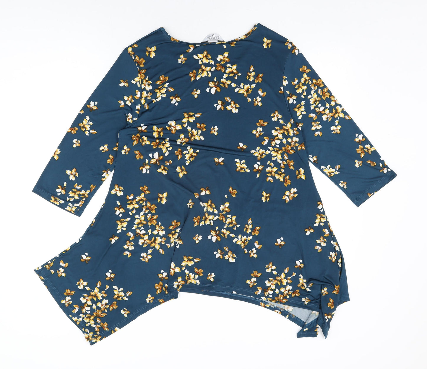Classic Womens Blue Floral Polyester Basic T-Shirt Size 14 Round Neck