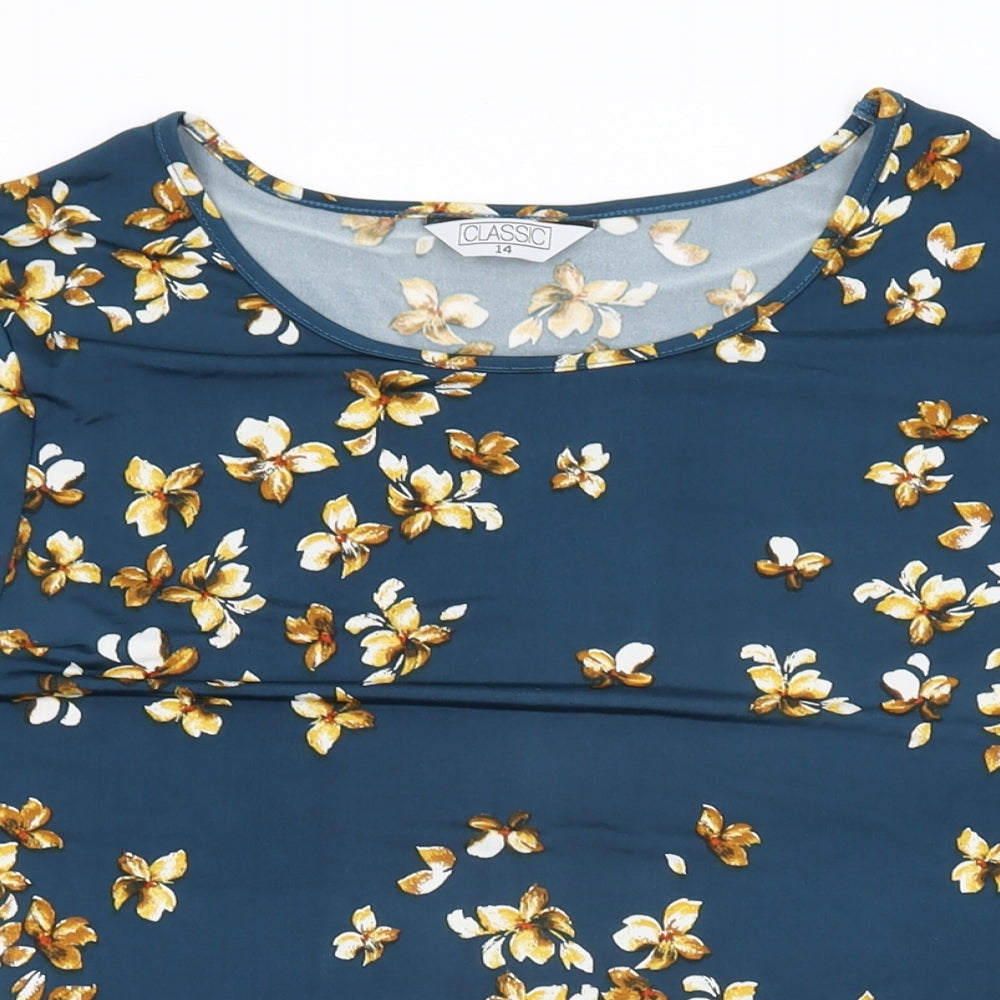 Classic Womens Blue Floral Polyester Basic T-Shirt Size 14 Round Neck