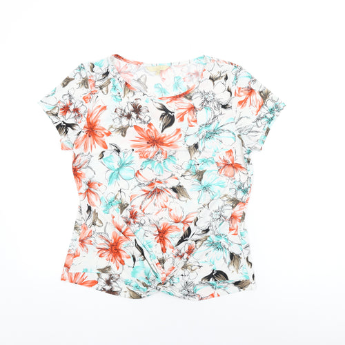Vida Vi Womens White Floral Polyester Basic T-Shirt Size 14 Round Neck
