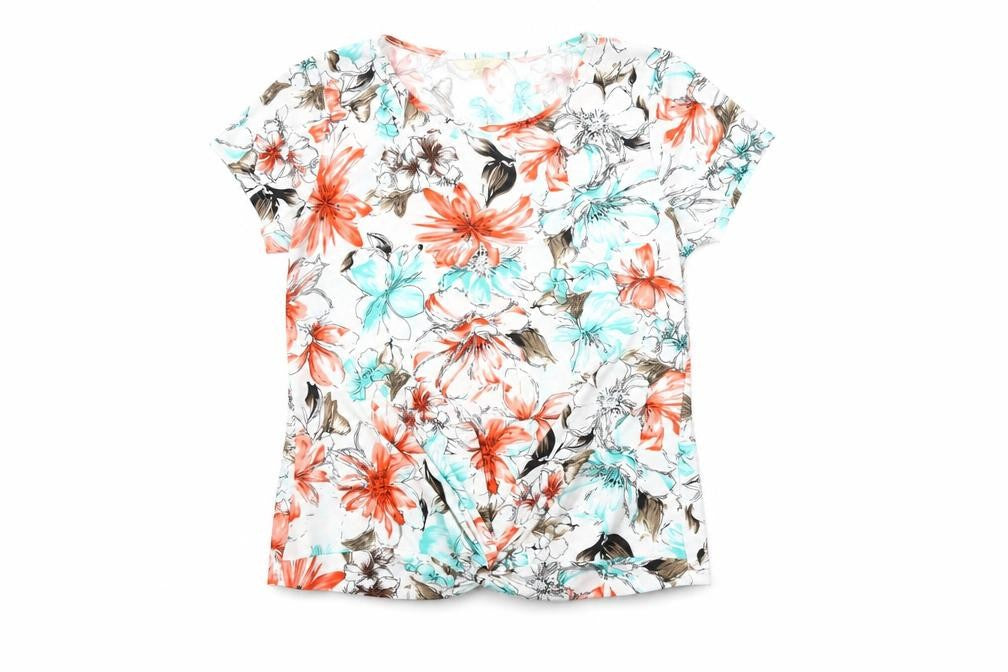 Front view of Vida Vi women’s white floral polyester basic t-shirt, size UK 14, round neck
