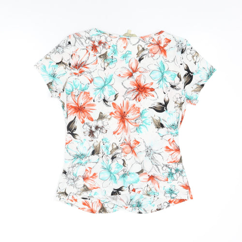 Vida Vi Womens White Floral Polyester Basic T-Shirt Size 14 Round Neck